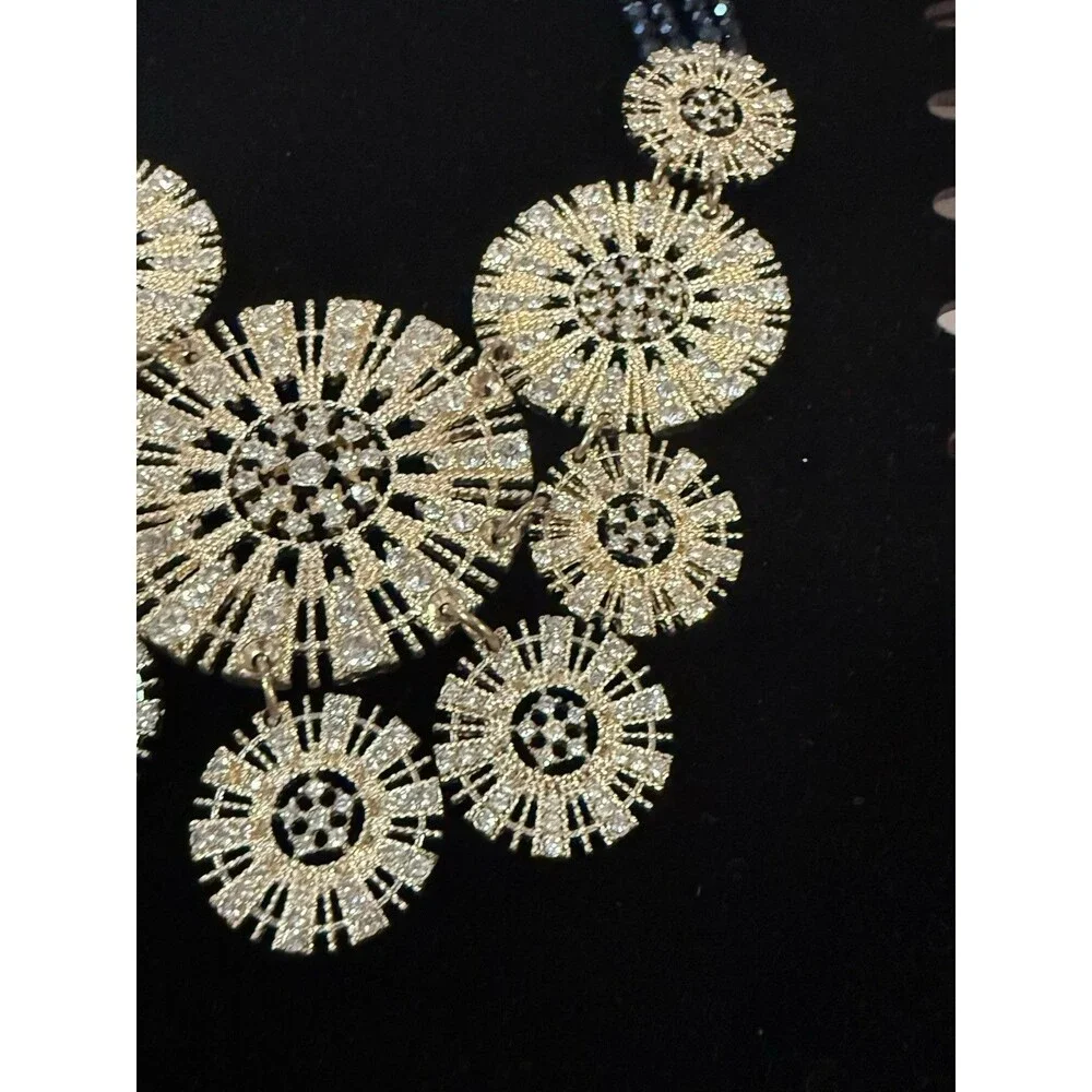 Statement Necklace W/ Gold-toned Filigree Discs & Rhinestone Accents